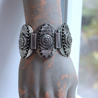 Unique Antique Silver Panel Bracelet with Rare Tiny Antique Sterling Vinaigrette, Rare Antique Sterling 800 Medal, Antique Sterling Cross & More!