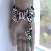 Unique Antique Silver Panel Bracelet with Rare Tiny Antique Sterling Vinaigrette, Rare Antique Sterling 800 Medal, Antique Sterling Cross & More!