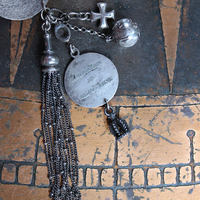 Unique Antique Silver Panel Bracelet with Rare Tiny Antique Sterling Vinaigrette, Rare Antique Sterling 800 Medal, Antique Sterling Cross & More!