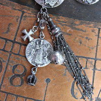 Unique Antique Silver Panel Bracelet with Rare Tiny Antique Sterling Vinaigrette, Rare Antique Sterling 800 Medal, Antique Sterling Cross & More!