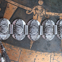 Unique Antique Silver Panel Bracelet with Rare Tiny Antique Sterling Vinaigrette, Rare Antique Sterling 800 Medal, Antique Sterling Cross & More!