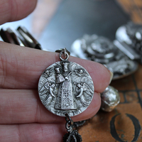 Unique Antique Silver Panel Bracelet with Rare Tiny Antique Sterling Vinaigrette, Rare Antique Sterling 800 Medal, Antique Sterling Cross & More!