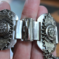 Unique Antique Silver Panel Bracelet with Rare Tiny Antique Sterling Vinaigrette, Rare Antique Sterling 800 Medal, Antique Sterling Cross & More!
