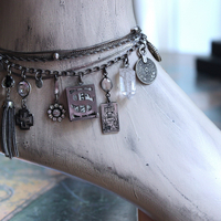 Unique 5 Strand Anklet w/21 Vintage & Antique Dangles - Unusual Sterling Spare $ Locket,Faceted Rock Quartz Point & Drop - and Much More!