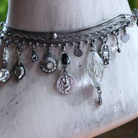 Unique 5 Strand Anklet w/21 Vintage & Antique Dangles - Unusual Sterling Spare $ Locket,Faceted Rock Quartz Point & Drop - and Much More!