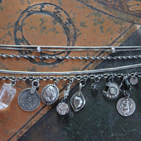 Unique 5 Strand Anklet w/21 Vintage & Antique Dangles - Unusual Sterling Spare $ Locket,Faceted Rock Quartz Point & Drop - and Much More!