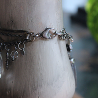 Unique 5 Strand Anklet w/21 Vintage & Antique Dangles - Unusual Sterling Spare $ Locket,Faceted Rock Quartz Point & Drop - and Much More!