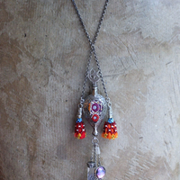 NEW! Moon & Stars Necklace w/Unique Antique Turkish Romani Gypsy Perfume Vessel,Sterling Moon Goddess,Sterling Capped Clear Quartz Point & More!