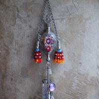 NEW! Moon & Stars Necklace w/Unique Antique Turkish Romani Gypsy Perfume Vessel,Sterling Moon Goddess,Sterling Capped Clear Quartz Point & More!