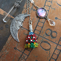 NEW! Moon & Stars Necklace w/Unique Antique Turkish Romani Gypsy Perfume Vessel,Sterling Moon Goddess,Sterling Capped Clear Quartz Point & More!