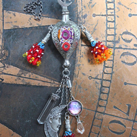 NEW! Moon & Stars Necklace w/Unique Antique Turkish Romani Gypsy Perfume Vessel,Sterling Moon Goddess,Sterling Capped Clear Quartz Point & More!