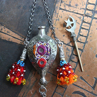 NEW! Moon & Stars Necklace w/Unique Antique Turkish Romani Gypsy Perfume Vessel,Sterling Moon Goddess,Sterling Capped Clear Quartz Point & More!