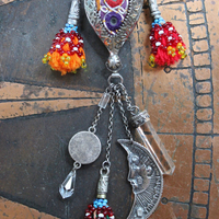 NEW! Moon & Stars Necklace w/Unique Antique Turkish Romani Gypsy Perfume Vessel,Sterling Moon Goddess,Sterling Capped Clear Quartz Point & More!