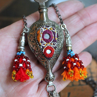 NEW! Moon & Stars Necklace w/Unique Antique Turkish Romani Gypsy Perfume Vessel,Sterling Moon Goddess,Sterling Capped Clear Quartz Point & More!