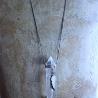 NEW! Water Clear Double Terminated Rock Quartz Point Necklace w/Antique Sterling Mesh Collar, Crystal Druzy Wing, Sterling Drops & 3 Strand Sterling Chain