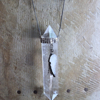 NEW! Water Clear Double Terminated Rock Quartz Point Necklace w/Antique Sterling Mesh Collar, Crystal Druzy Wing, Sterling Drops & 3 Strand Sterling Chain