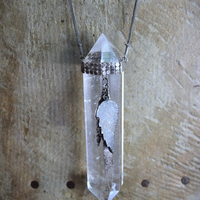 NEW! Water Clear Double Terminated Rock Quartz Point Necklace w/Antique Sterling Mesh Collar, Crystal Druzy Wing, Sterling Drops & 3 Strand Sterling Chain