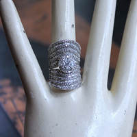 Amazing Wide 18K White Gold Diamond Ring with 18 Rows of Round & Baguette Diamonds and Square Princess Cut Diamond 