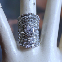 Amazing Wide 18K White Gold Diamond Ring with 18 Rows of Round & Baguette Diamonds and Square Princess Cut Diamond 
