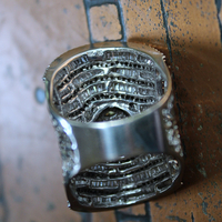 Amazing Wide 18K White Gold Diamond Ring with 18 Rows of Round & Baguette Diamonds and Square Princess Cut Diamond 