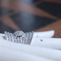 Amazing Wide 18K White Gold Diamond Ring with 18 Rows of Round & Baguette Diamonds and Square Princess Cut Diamond 
