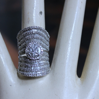 Amazing Wide 18K White Gold Diamond Ring with 18 Rows of Round & Baguette Diamonds and Square Princess Cut Diamond 