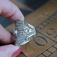 Amazing Wide 18K White Gold Diamond Ring with 18 Rows of Round & Baguette Diamonds and Square Princess Cut Diamond 