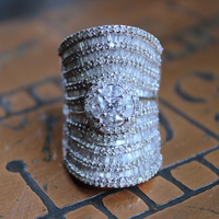 Amazing Wide 18K White Gold Diamond Ring with 18 Rows of Round & Baguette Diamonds and Square Princess Cut Diamond 