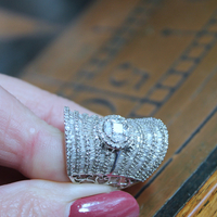 Amazing Wide 18K White Gold Diamond Ring with 18 Rows of Round & Baguette Diamonds and Square Princess Cut Diamond 