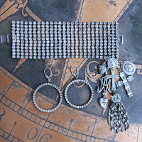 NEW! Antique 12 Row Faceted Prong Set Rhinestone Bracelet & Earring Set w/French Engraved Nun's Medal,Rhinestone Tassel,French Sacred Heart Cross & More!
