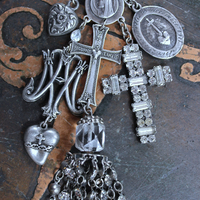 NEW! Antique 12 Row Faceted Prong Set Rhinestone Bracelet & Earring Set w/French Engraved Nun's Medal,Rhinestone Tassel,French Sacred Heart Cross & More!