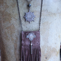 NEW! Unusual Leather Pouch Necklace with Rare 1907 IOOF Medal Set, OOAK Multi Terminated Clear Rock Quartz Crystal Point,Vintage Chain Tassel and Link Chains