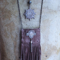 Unusual Leather Pouch Necklace with Rare 1907 IOOF Medal Set, OOAK Multi Terminated Clear Rock Quartz Crystal Point,Vintage Chain Tassel and Link Chains