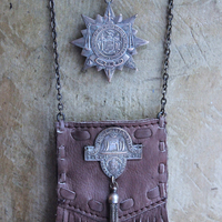 NEW! Unusual Leather Pouch Necklace with Rare 1907 IOOF Medal Set, OOAK Multi Terminated Clear Rock Quartz Crystal Point,Vintage Chain Tassel and Link Chains