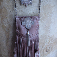 NEW! Unusual Leather Pouch Necklace with Rare 1907 IOOF Medal Set, OOAK Multi Terminated Clear Rock Quartz Crystal Point,Vintage Chain Tassel and Link Chains