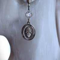 Rare Matching Gold Bronze Engraved Nun's Medal Earrings with Bezel Set Open Back Crystal Connectors 