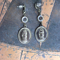 Rare Matching Gold Bronze Engraved Nun's Medal Earrings with Bezel Set Open Back Crystal Connectors 