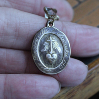 Rare Matching Gold Bronze Engraved Nun's Medal Earrings with Bezel Set Open Back Crystal Connectors 