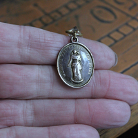 Rare Matching Gold Bronze Engraved Nun's Medal Earrings with Bezel Set Open Back Crystal Connectors 