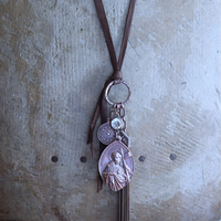 The Passion of Christ Necklace w/Exceptional & Rare Antique French Medals, Butter Soft Brown Leather Ties, Antique Faceted Crystal Connector & More!