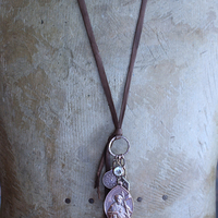 The Passion of Christ Necklace w/Exceptional & Rare Antique French Medals, Butter Soft Brown Leather Ties, Antique Faceted Crystal Connector & More!