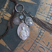 The Passion of Christ Necklace w/Exceptional & Rare Antique French Medals, Butter Soft Brown Leather Ties, Antique Faceted Crystal Connector & More!