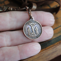 The Passion of Christ Necklace w/Exceptional & Rare Antique French Medals, Butter Soft Brown Leather Ties, Antique Faceted Crystal Connector & More!
