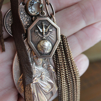 The Passion of Christ Necklace w/Exceptional & Rare Antique French Medals, Butter Soft Brown Leather Ties, Antique Faceted Crystal Connector & More!
