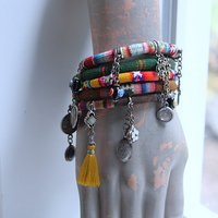 NEW! Set of 5 Woven Serape Textile & Sterling Stacking Bracelets with Multiple Drops & Dangles - lots of Sterling & Unique Pieces!