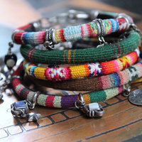 NEW! Set of 5 Woven Serape Textile & Sterling Stacking Bracelets with Multiple Drops & Dangles - lots of Sterling & Unique Pieces!