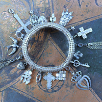NEW! Power of Love Bangle Bracelet with Unique Silver Mesh,19 Vintage & Antique Dangles, Antique Faceted Crystal Bead Drops