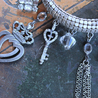NEW! Power of Love Bangle Bracelet with Unique Silver Mesh,19 Vintage & Antique Dangles, Antique Faceted Crystal Bead Drops