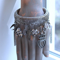 NEW! Power of Love Bangle Bracelet with Unique Silver Mesh,19 Vintage & Antique Dangles, Antique Faceted Crystal Bead Drops