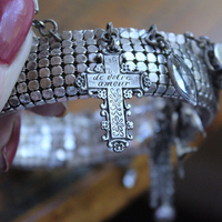 NEW! Power of Love Bangle Bracelet with Unique Silver Mesh,19 Vintage & Antique Dangles, Antique Faceted Crystal Bead Drops